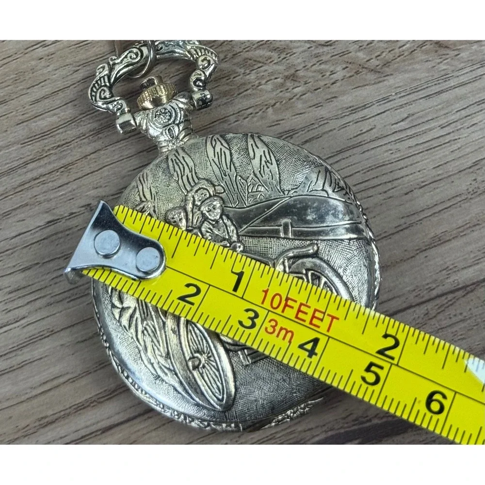 Azur Pocket Watch Gold Tone Vintage Car Embossed Quartz Chain